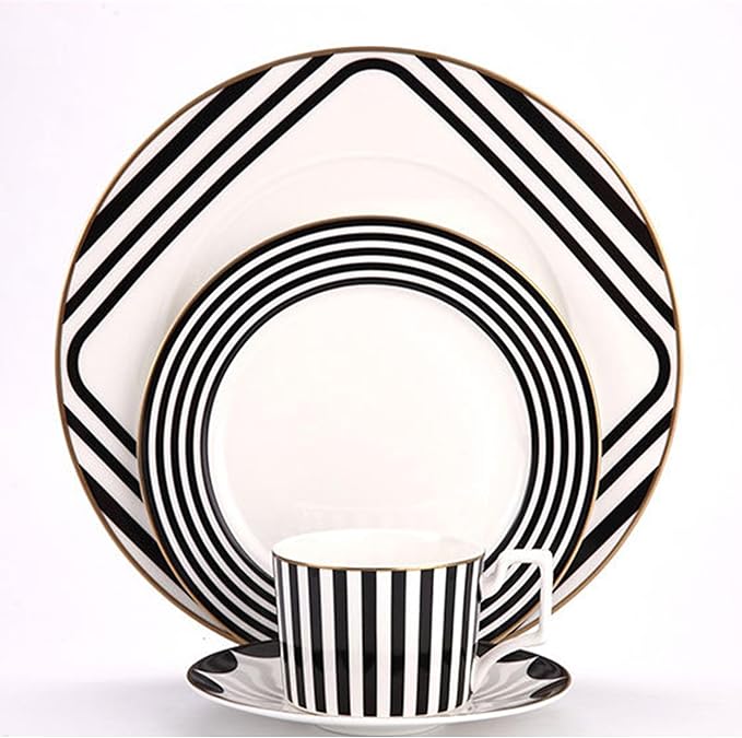 8 Piece Art Deco Bone China Dinnerware Set Black and White Geometric Pattern with Gold Trim Dishwasher SafeIdeal for Hotel Banquets Family Gatherings Weddings