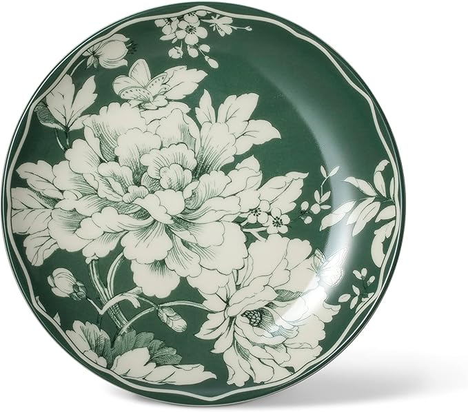 222 Fifth 12-Piece Porcelain Dinnerware Set for 4 White &amp Sage Green Plates and Bowls Set Glossy Ceramic Dish Set with Detailed Floral Design Microwave &amp Dishwasher Safe Dishes for Dining