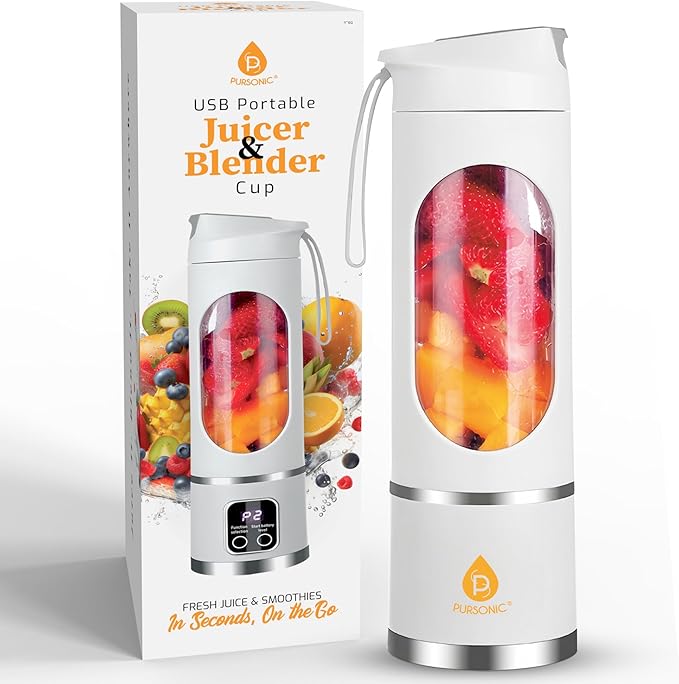 Pursonic Portable Juicer &amp Blender Cup – USB C Charging Mini Smoothie Blender with 50W Motor 12-Blade Power System 3 Speeds – Personal Juice &amp Smoothie Maker (15.2 oz)