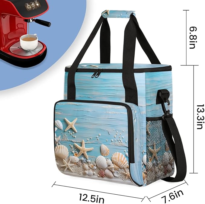 Beach Sea Shells Starfish Coffee Maker Travel Bag for Keurig K-Mini/K-Mini Plus Insulated Waterproof Tote with Pockets for K-Cup Portable Single-Serve Brewer Case