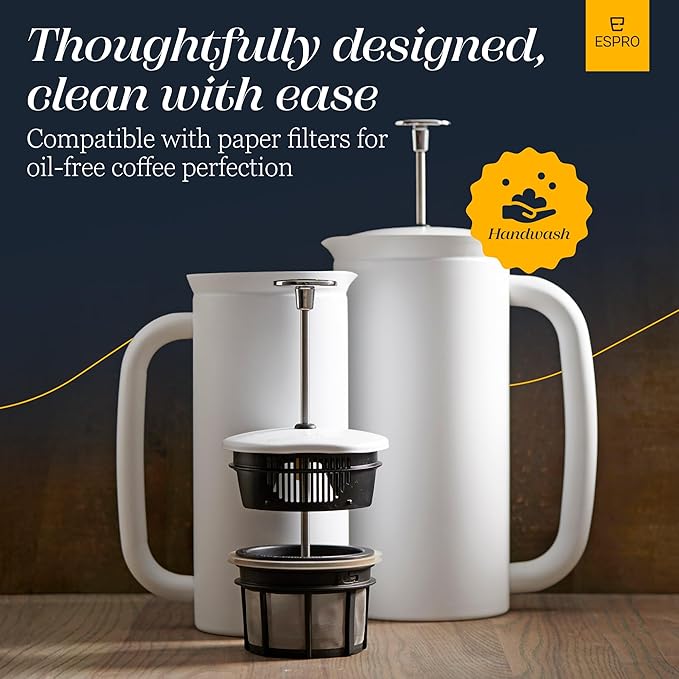 ESPRO P7 French Press Stainless Steel 304 – Patented Double Walled Micro-Filter Insulated French Press Coffee Maker Grit-Free Brew - Heat Resistant BPA Free - Matte White (18oz)