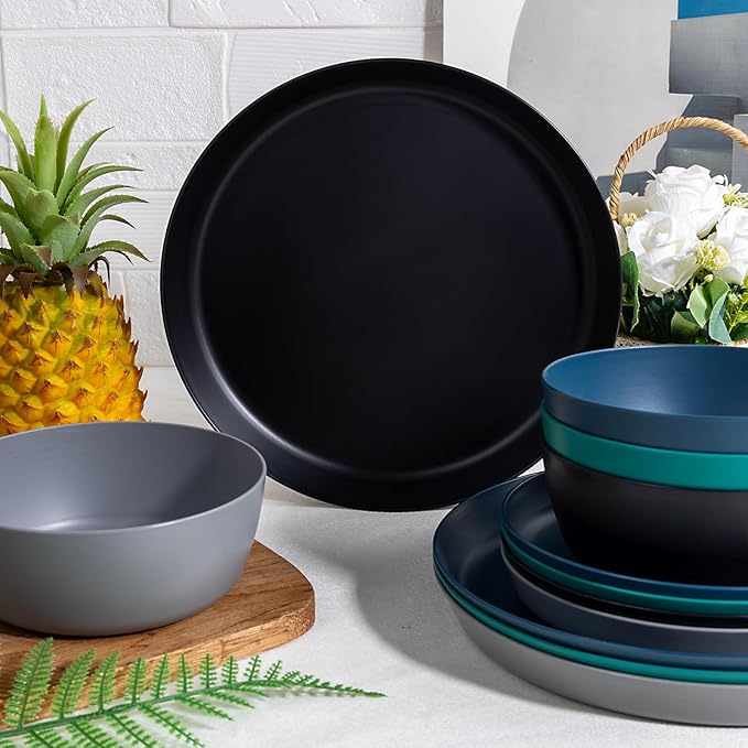 EI 12pcs Wheat Straw PlatesPlastic Plates ReusableUnbreakable Plastic PlateWheat Straw Dinnerware SetMelamine Plate-BlackDark GreyDark GreenDark BlueDinner CampingPicnic