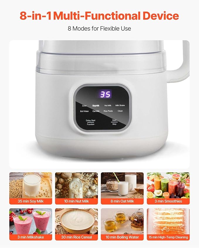 8-in-1 Nut Milk Maker 34oz Soy Milk Machine - Oat Almond Rice Milk Smoothie Juice Boil Water Self-Clean 12-Hour Delay Quiet Operation