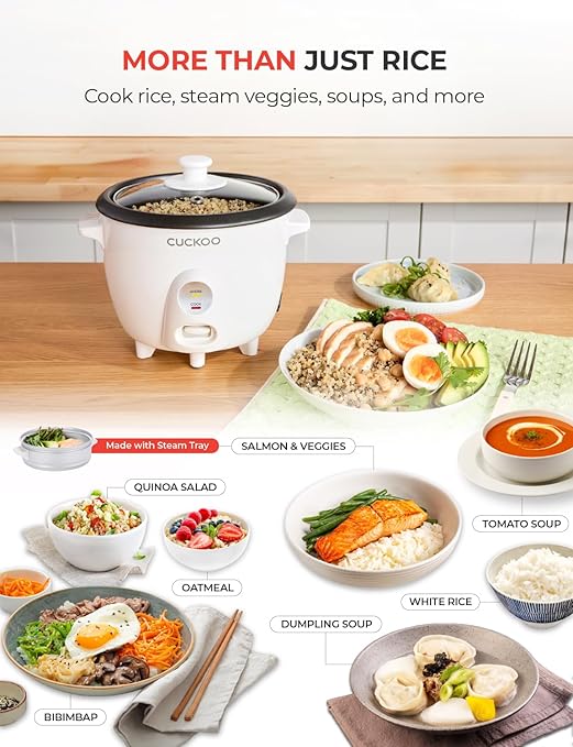 CUCKOO One Touch Rice Cooker 3-Cup (Uncooked) / 6-Cup (Cooked) Mini Rice Cooker &amp Warmer with Steamer Tray Versatile Grain Cooker Soup Maker Auto Keep Warm White (CR-0301C)