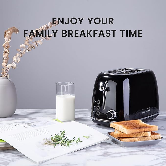 Roter Mond 2 Slice Toaster Retro Stainless Steel with Bagel Cancel and Defrost Functions 6 Bread Shade Settings Extra Wide Slots and Removable Crumb Tray Black