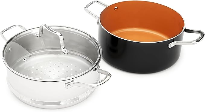 Amazon Basics Ceramic Nonstick Cookware Set Induction Ready Dishwasher &amp Oven Safe Even Heating 10-Piece Set with Frying Pans Saucepans Glass Lids Copper Color