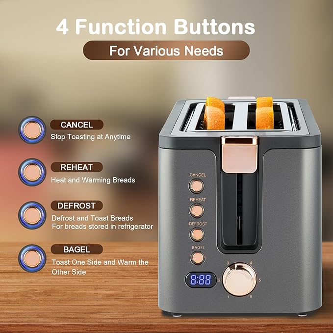 Mecity 4 Slice Toaster Long Slot Toaster With Warming Rack Timer Bagel Defrost Reheat Functions Crumb Tray 6 Browning Settings Extra Wide Long Slots Stainless Steel 1300W Grey