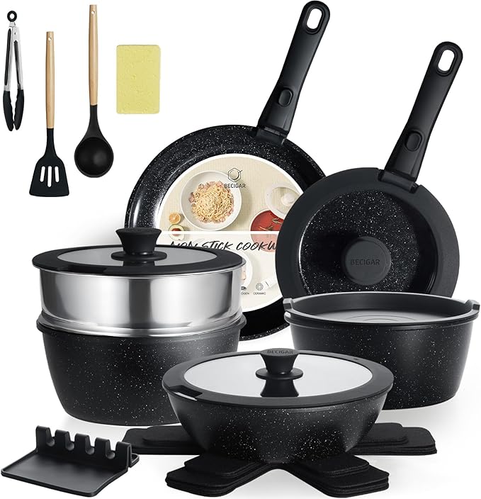 Nonstick Ceramic Cookware Set 21PCS with Detachable Handle Pans and Pots Set RV Kitchen Set Cookware Set Pan Pots with Removable Handles Oven Safe Induction Ready(Black)