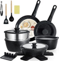 Nonstick Ceramic Cookware Set 21PCS with Detachable Handle Pans and Pots Set RV Kitchen Set Cookware Set Pan Pots with Removable Handles Oven Safe Induction Ready(Black)