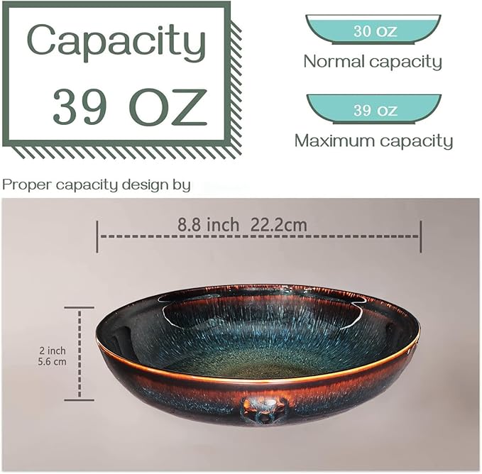 39 oz Ceramic Bowl Set Salad Bowl Pasta Bowl Serving Bowl Dinner Bowl Deep/Wide Plate Microwave Oven and Dishwasher Safe Modern Porcelain Dinnerware 8.8 Inch