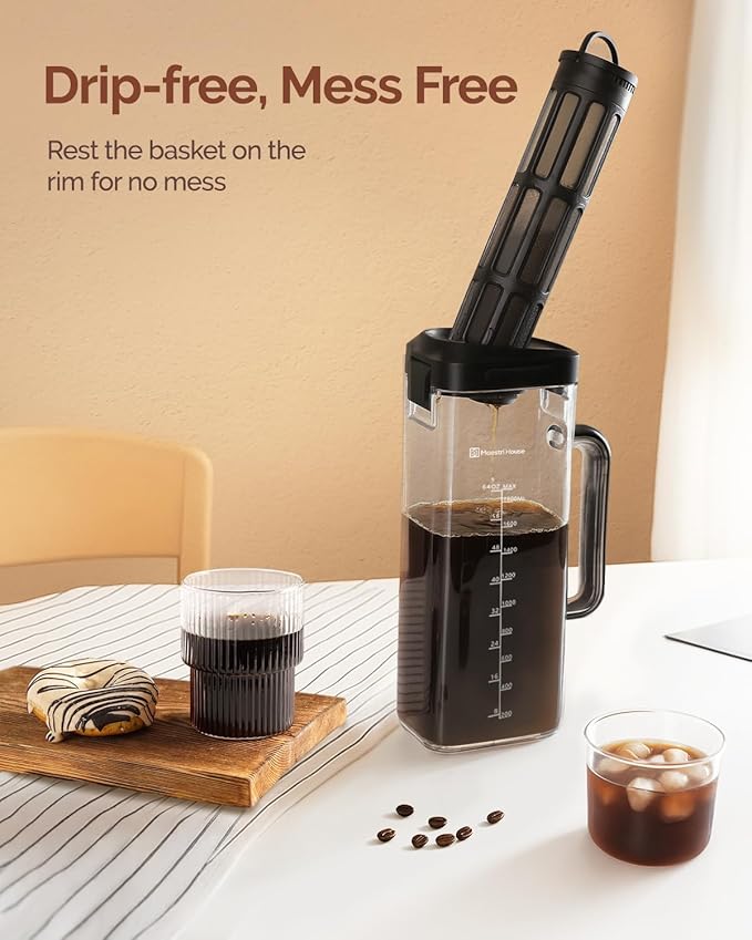 Maestri House Compact Cold Brew Coffee Maker 64oz Iced Tea and Coffee Maker Brewer Space Saving Tritan Pitcher 350 Mesh Filter 100% Leak-Proof