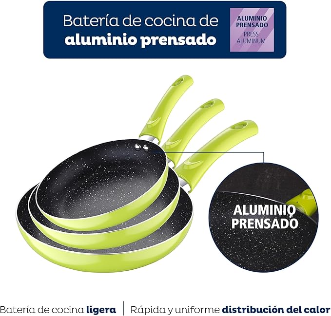 Set 3pc Frying Pan (20+24+28cm) Green Pressed Aluminium with Set 3pc Nylon Kitchen Utensils with Set 4pc Stainless Steel Knives with Tacoma/Block
