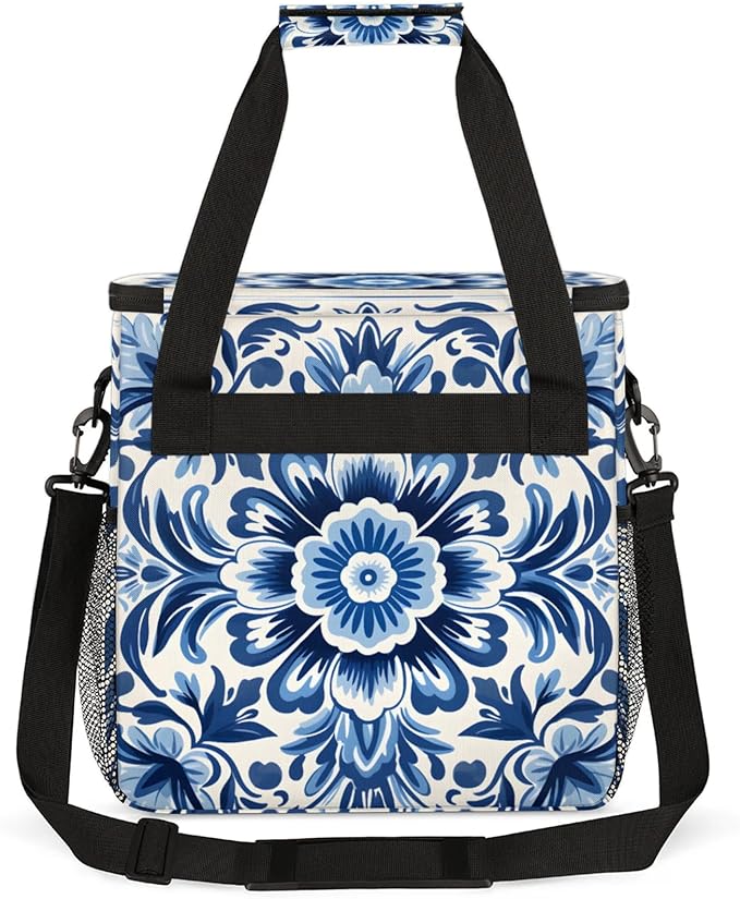 Blue Floral Printed Coffee Maker Travel Bag for Keurig K-Mini/K-Mini Plus Insulated Waterproof Tote with Pockets for K-Cup Portable Single-Serve Brewer Case