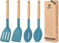Pack of 4 Silicone Cooking Utensils Set Non Stick Solid Spatulas and Heat Resistant Slotted Spoons with Wooden Handle Ideal Wood Kitchen Utensils Set for FryingServingTurningStirring (BLUE)