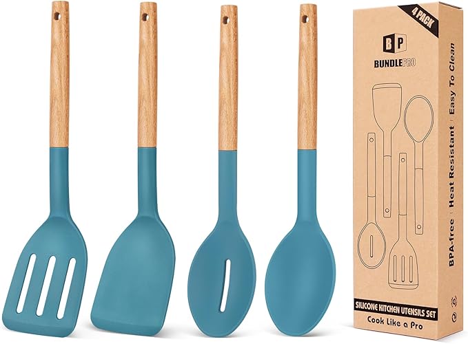 Pack of 4 Silicone Cooking Utensils Set Non Stick Solid Spatulas and Heat Resistant Slotted Spoons with Wooden Handle Ideal Wood Kitchen Utensils Set for FryingServingTurningStirring (BLUE)