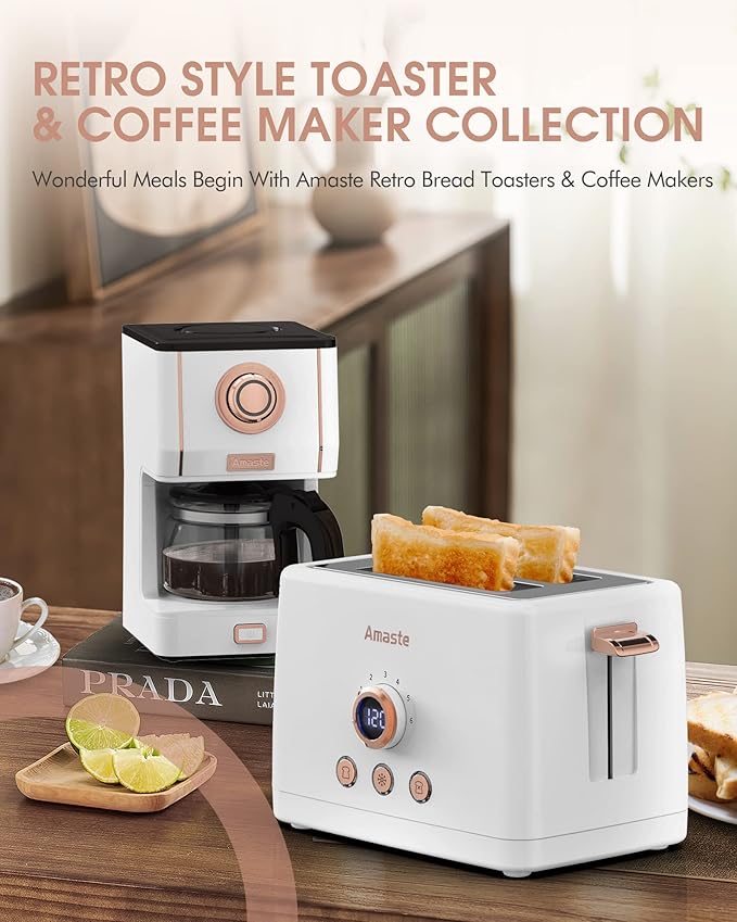 Amaste Retro Coffee Maker &amp Toaster Set- Elegant White with Rose Gold