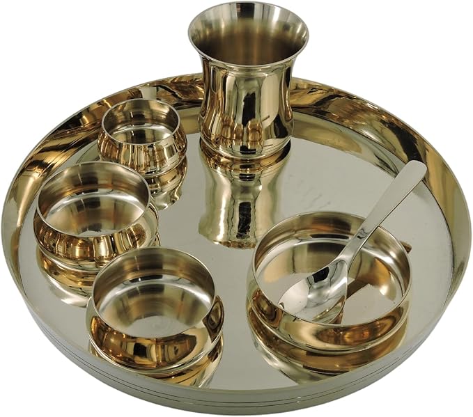 Kansa Thali Set of 7 Pieces Traditional Bronze Dinnerware Set with Plate &amp Bowls Ayurvedic Kansa Utensils for Healthy Eating Indian Dinner Set for Daily Use