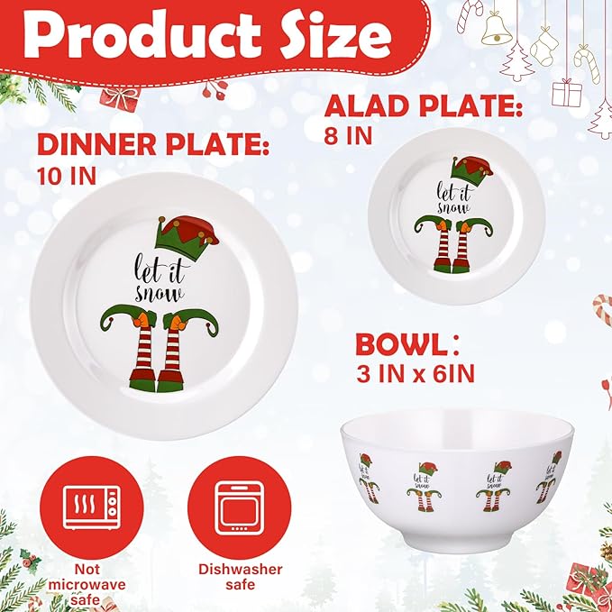 24 Pcs Christmas Melamine Dinnerware Set Service for 8 Guest 10 Dinner Plates 8 Salad Plates 3×6 Bowl Santa Snowman Reindeer Xmas Tree Festive Holiday Tableware for Family Party Gift