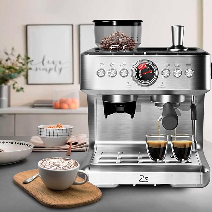 GlowSol Espresso Machine with Bean Grinder Semi Automatic Espresso Machine 20-Bar Espresso Maker with Milk Frother Steam Wand 2.8L Water Tank Home Espresso Coffee Maker for Latte Cappuccino
