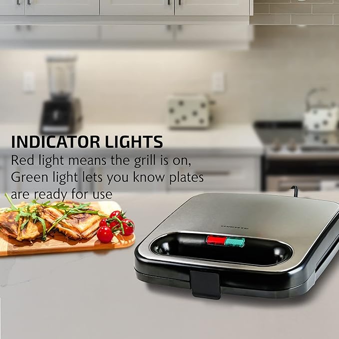 OVENTE Electric 2 Slice Toaster Machine with 6-Shade Toast Settings 700W Power &amp Electric Sandwich Maker with Non-Stick Plates Indicator Lights Cool Touch Handle