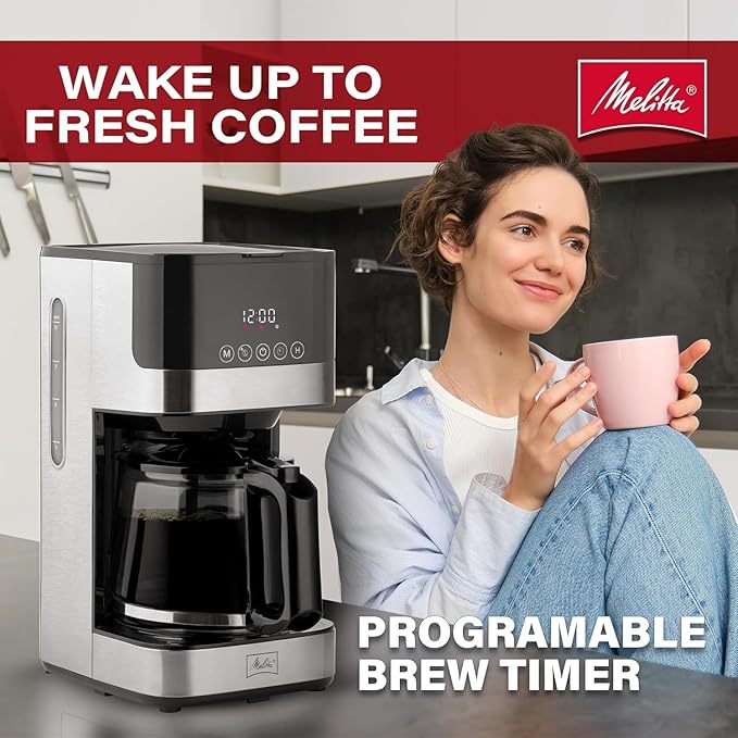 Melitta Aroma Tocco Glass 10-Cup Drip Coffee Maker Automatic and Programmable 96oz Capacity with 5-Pack Coffee Filters | Black