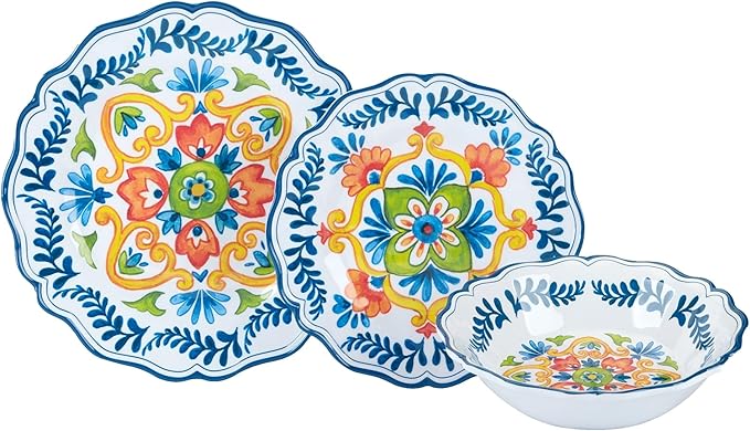 12-Piece Dinnerware Set Service for 4 Blue Green Yellow Floral Modern Contemporary Round 12 Piece Dishwasher Safe