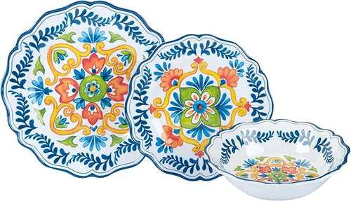 12-Piece Dinnerware Set Service for 4 Blue Green Yellow Floral Modern Contemporary Round 12 Piece Dishwasher Safe