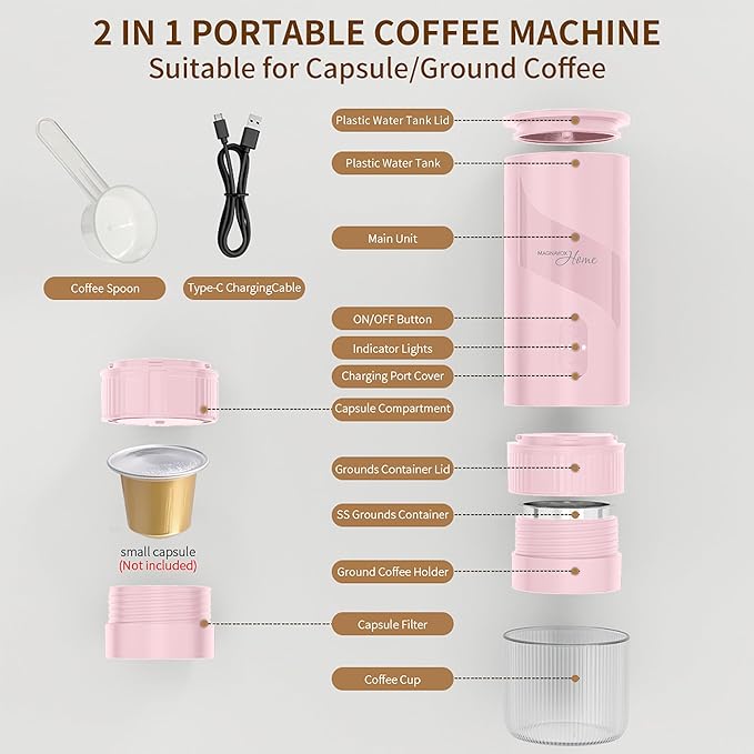 Magnavox HOME Portable Espresso Coffee Maker (Grounds or Pods) with Fast Brew Technology &amp Single Touch Control Ideal for Offices or Travel