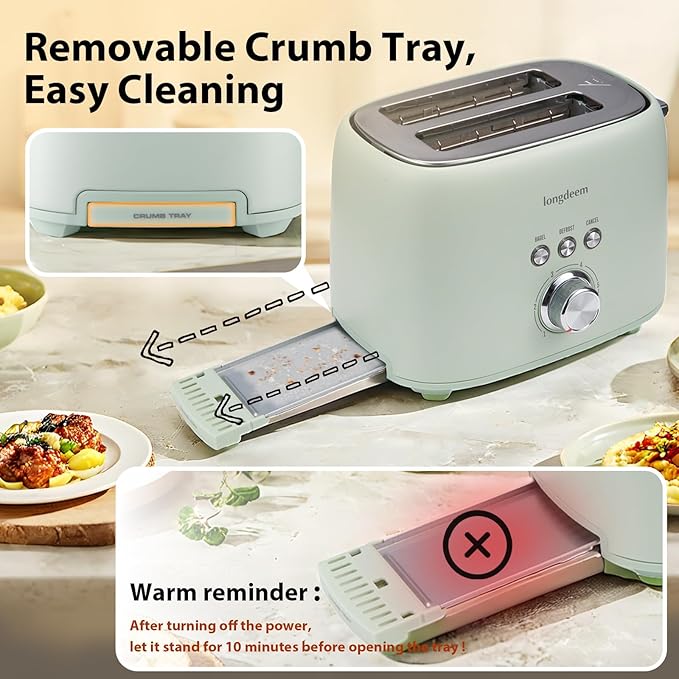 2 Slice Toaster - Stainless Steel 1.5 Extra Wide Slots 6 Browning Settings Bagel/Defrost/Cancel Modes Green