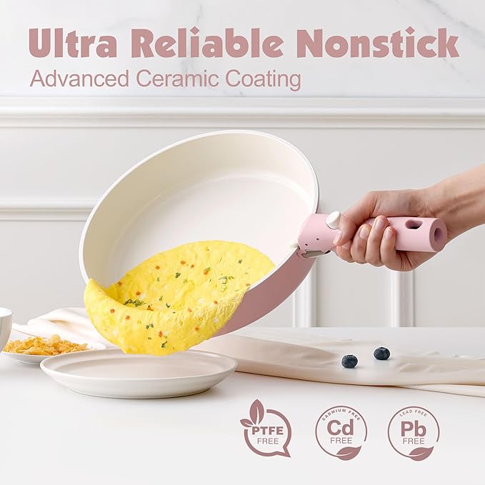 SENSARTE 17 Piece Ceramic Pots and Pans Set Nonstick Detachable Handle Cookware Induction Kitchen Cookware Set with Removable Handle Dishwasher ＆ Oven Safe (Pink)