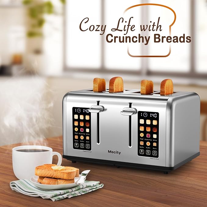 Mecity 4 Slice Toaster with Touch Screen Control 4 Wide Slots Stainless Steel Smart Bread Toaster for Bagels Muffins Waffles Dual Control Panel Timer Defrost Reheat 120V 1650W