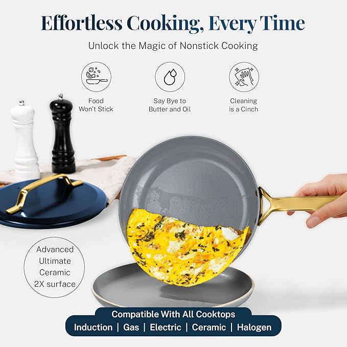 Gotham Steel Modern 11 Pc Ceramic Pots and Pans Set Non Stick Kitchen Cookware Sets Non Stick Pots and Pan Set Ceramic Cookware Set Pot and Pan Set Non Toxic Cookware Set Dishwasher Safe - Navy