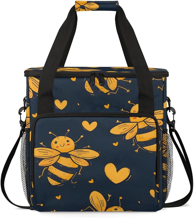 Bees Love Heart Coffee Maker Travel Bag for Keurig K-Mini/K-Mini Plus Insulated Waterproof Tote with Pockets for K-Cup Portable Single-Serve Brewer Case