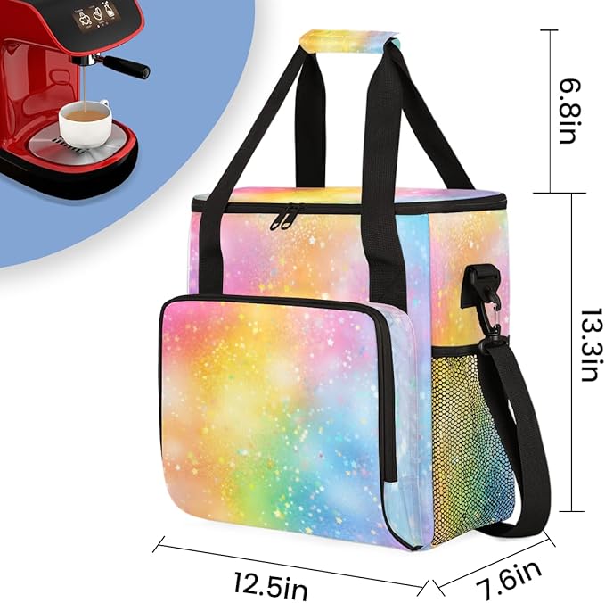 Glitter Coffee Maker Carrying Bag Rainbow Color Portable Travel Storage Tote Bag Compatible with K-Mini or K-Mini Plus Single Serve Coffee Brewer Carrying Case with Multiple Pockets &amp Shoulder S