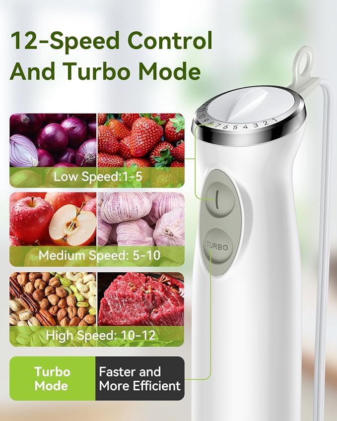 Immersion Blender Handheld 5 in 1 Hand Blender 1000W Hand Mixer Stick BPA-Free 12 Speed Handheld Blender with Mixing Beaker Chopper Whisk and Milk Frother for Soup Sauce Baby Food (White)