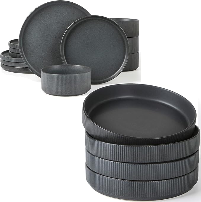 Famiware Star Dinnerware Set with Plates and Bowls Service for 4 (16-Piece) Stoneware Kitchen Dishes Dinner Sets - Full Glaze Matte Dark Charcoal