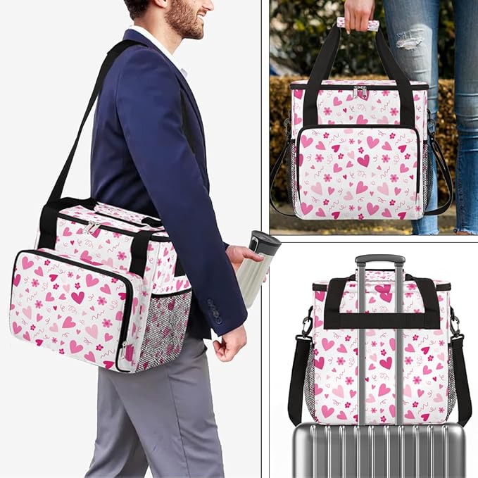 Valentine Pink Heart Flowers Coffee Maker Carrying Bag Coffee Machine Travel Storage Bag Compatible with K-Mini or K-Mini Plus Portable Single Serve Coffees Brewer Case with Pockets for K-Cup Pods