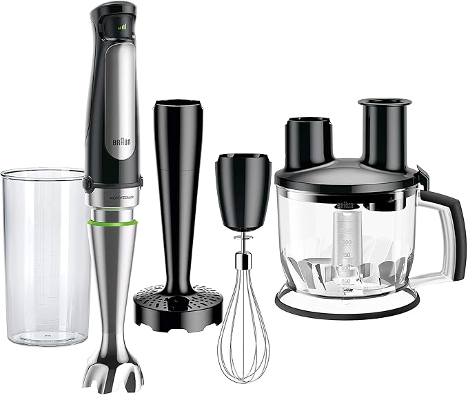 Braun 4-in-1 Immersion Hand Blender Powerful 500W Stainless Steel Stick Blender Variable Speed + 6-Cup Food Processor Whisk Beaker Masher Finer Blending MultiQuick MQ7077