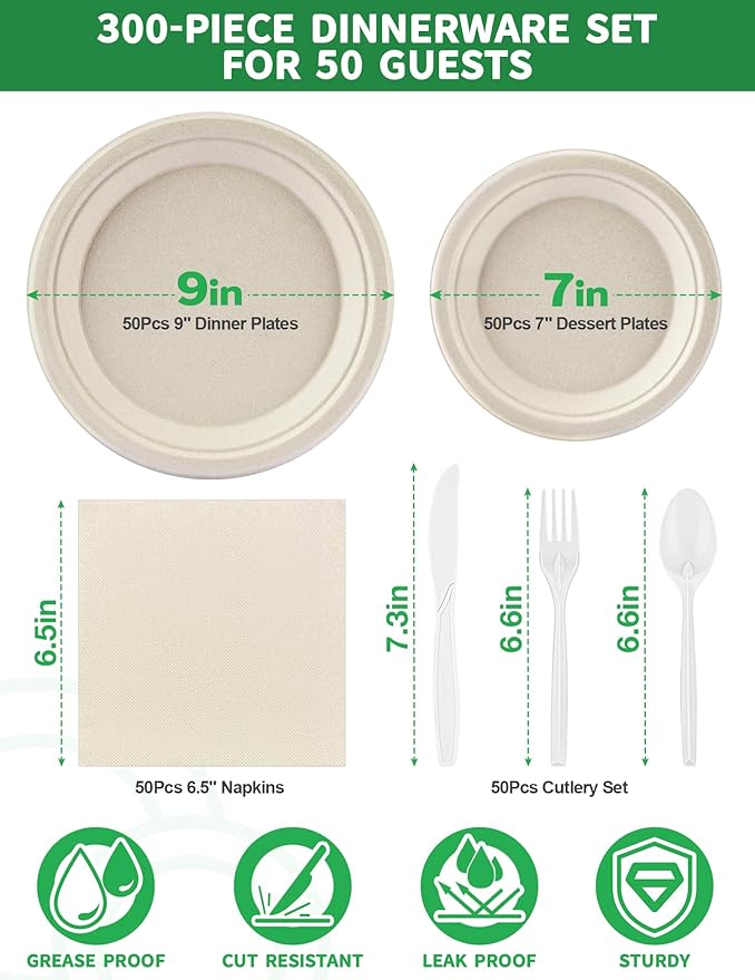 300 Pcs Compostable Dinnerware Set - Serves 50 Guests with Heavy Duty 9 &amp 7 Inch Plates Napkins &amp Cutlery | Biodegradable Sugarcane Eco-Friendly Party Supplies for Birthday Christmas Holida