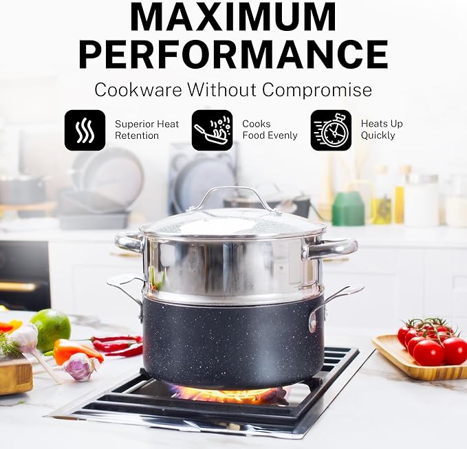 GRANITESTONE 20 Pc Complete Pots and Pans Set Non Stick Cookware Set with Saute Pan Bakeware Steamer Cooking Utensils Made Without PFOA PFOS Oven and Dishwasher Safe