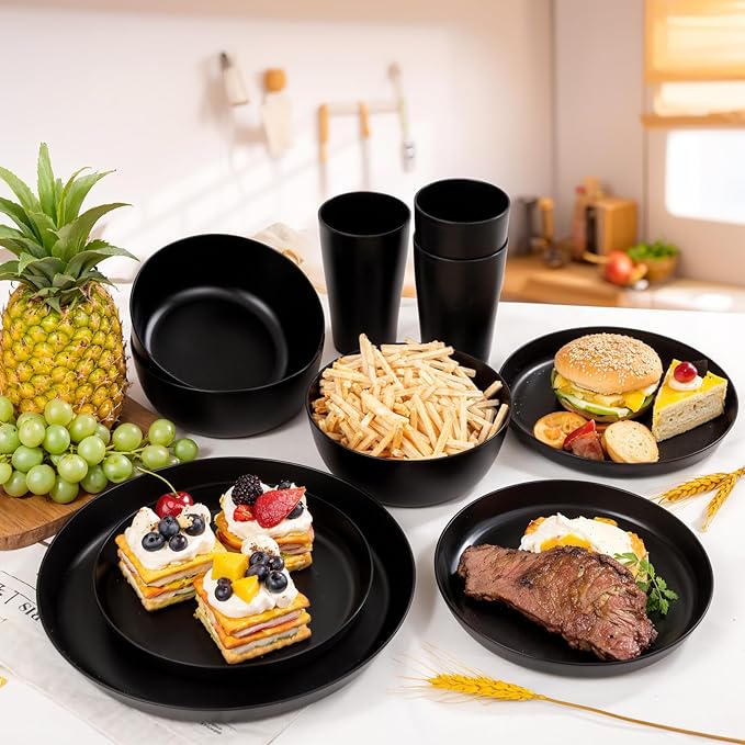 EI 24pcs Black Wheat Straw PlatesWheat Straw Dinnerware SetPlates and Bowls SetsReuasble PlateUnbreakable Dinner Plate Heavy Duty Plastic for Picnic Outdoor Activities Dormitory Kitchen