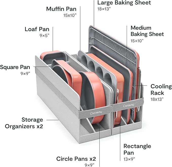 Caraway 23-Piece Nonstick Ceramic Cookware &amp Bakeware Set – Pots Frying Pans Lids Baking Sheets Pans Cooling Rack &amp Storage – Oven Safe Non-Toxic – Compatible with All Stovetops - Perrac