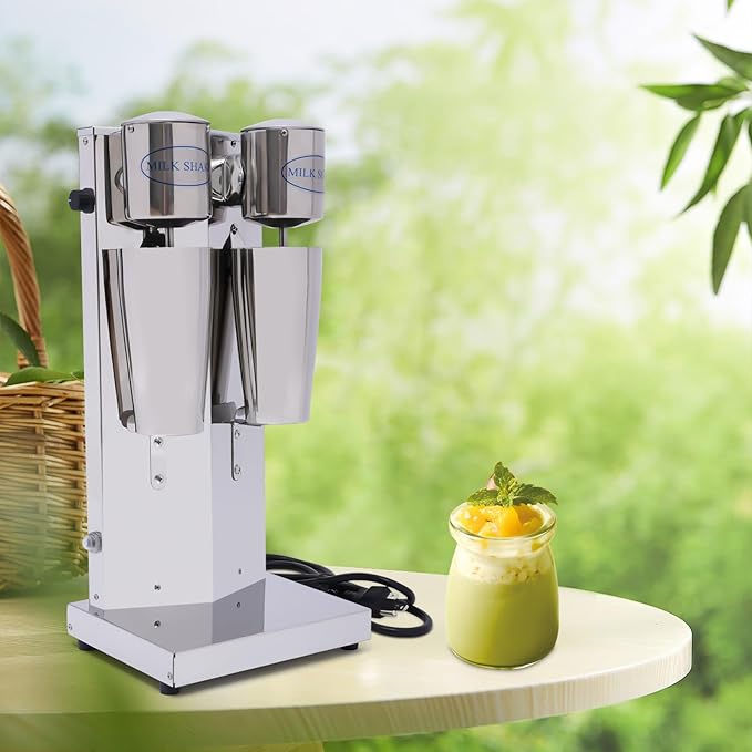 Electric Double Head Milk Shaker180W Stainless Steel Silver Commercial Drink Mixer With 2CupIce Shovel＆Cleaning BrushInfinitely Variable Speed Smoothie Malt For Cocktail Tea Coffee