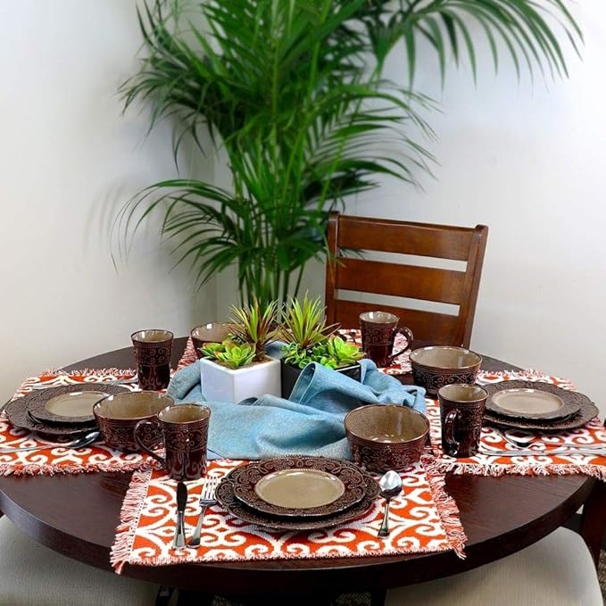 16 Piece Round Bold Textured Stoneware Dinnerware Sets Casual Cohesive Design Dishwasher Safe Brown Dish Set Break/Chip Resistant Durable Service for 4 Dinner/Salad Plates Bowls and Mugs