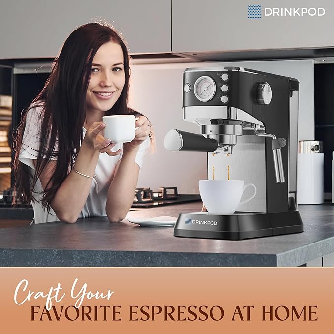 DRINKPOD 20 Bar Espresso Machine – Coffee &amp Espresso Maker Combo with Milk Frother Steam Wand Stainless Steel Cup Plate and 1.5L Removable Water Tank – High Pressure Espresso Maker