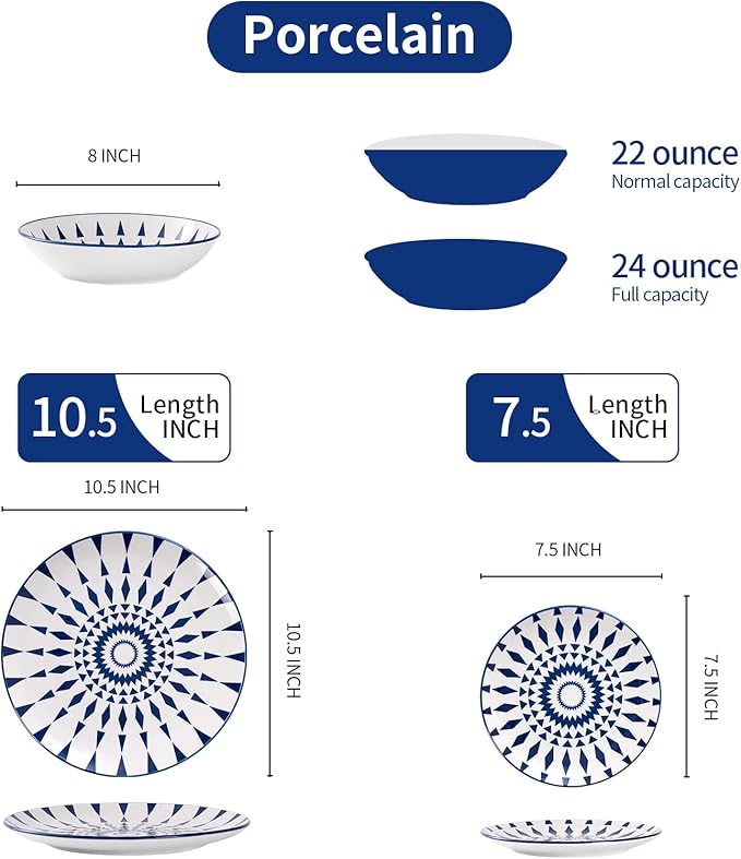 Bestone Ceramic 12-Pieces Dinnerware Sets Ceramic Dish Plates and Bowls Sets Dishes Set for 4 Dinner Salad Dessert Plates and Cereal Bowls Set GiftVintage Blue