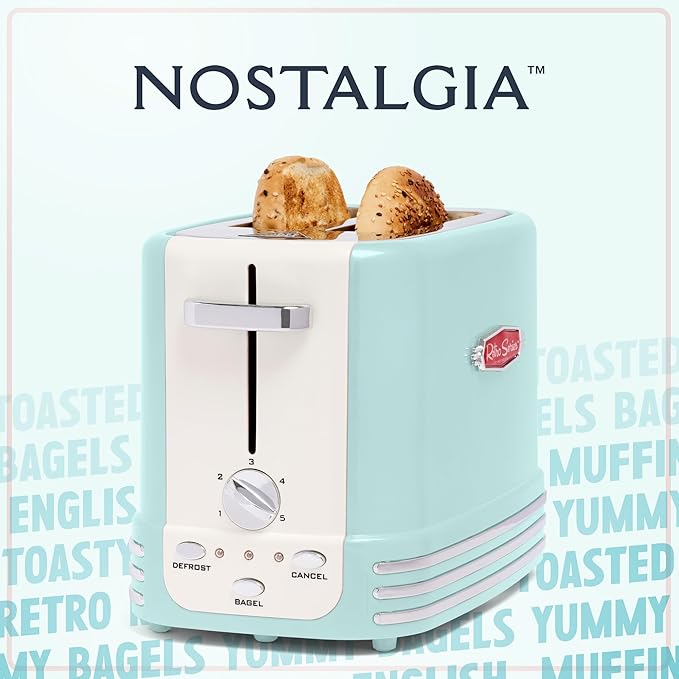 Nostalgia New and Improved Wide 2-Slice Toaster Perfect For Bread English Muffins Bagels 5 Browning Levels With Crumb Tray &amp Cord Storage Aqua