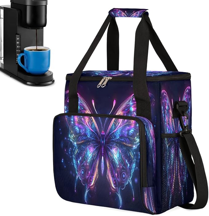 Glowing Butterfly Coffee Maker Carring Bag Travel Carrying Storage Tote Bag Compatible with Keurig K-Mini or K-Mini Plus Portable Single Serve Coffee Brewer Case with Pockets for K-cup Pods