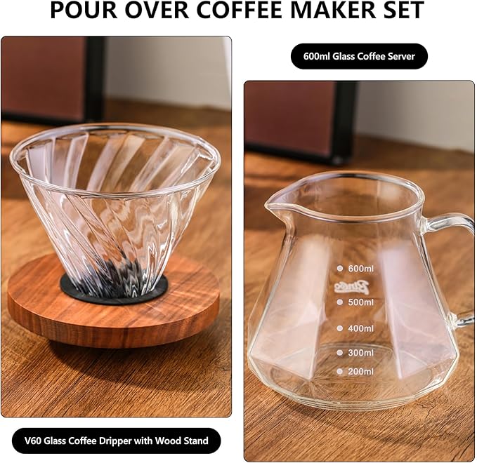 Bincoo Pour Over Coffee Maker Set - Borosilicate Glass Dripper with Walnut Handle &amp Glass Lid 50 pcs Paper Filters Included - 600ml Pour Over Coffee Dripper for Home Café &amp Camping (Dark Gr