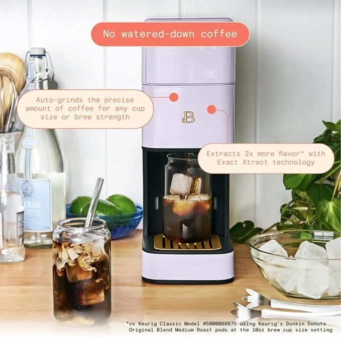 Perfect Grind Programmable Single-Serve Coffee Maker with Built-In Grinder Fresh Ground Brewing Touch Controls Reusable Filter Compact Countertop Design (Lavender)